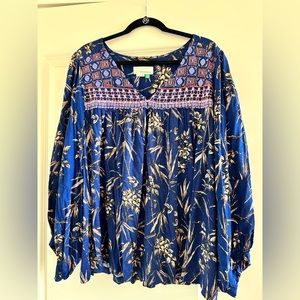 Anthropologie Plus Size Blue Floral Peasant Blouse
